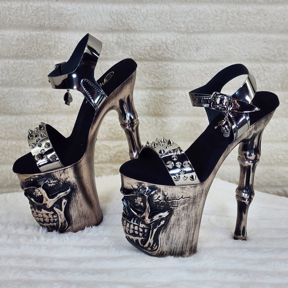 Vortex Pewter Brushed Chrome Skull & Bones Red LED Platform 8" High Heels Shoes - Picture 10 of 15